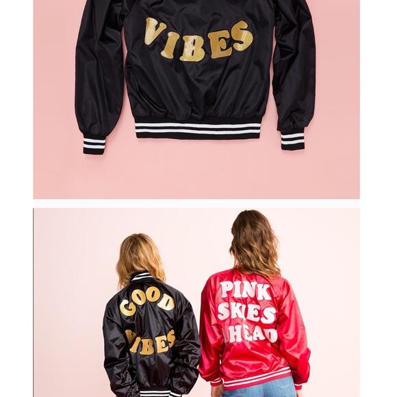 Sticky Baby Good Vibes black satin bomber jacket retro glitter vinyl size Large - Picture 3 of 6